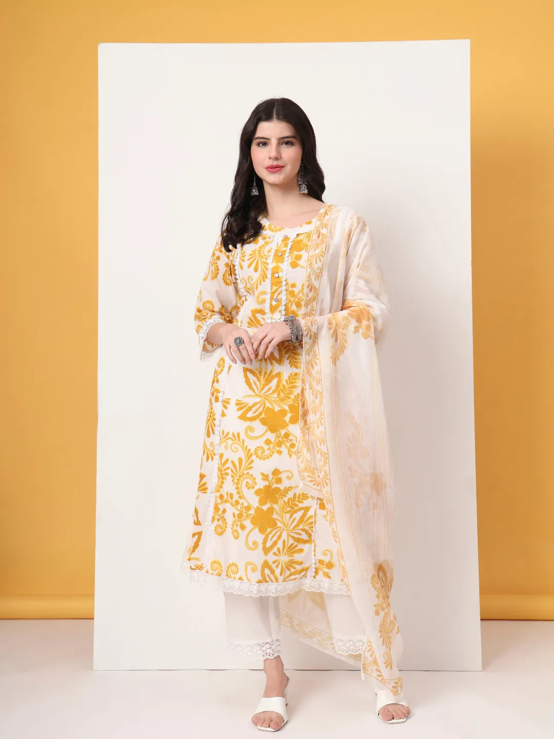 Mustard Cotton A-Line Kurta Dupatta Pant Set