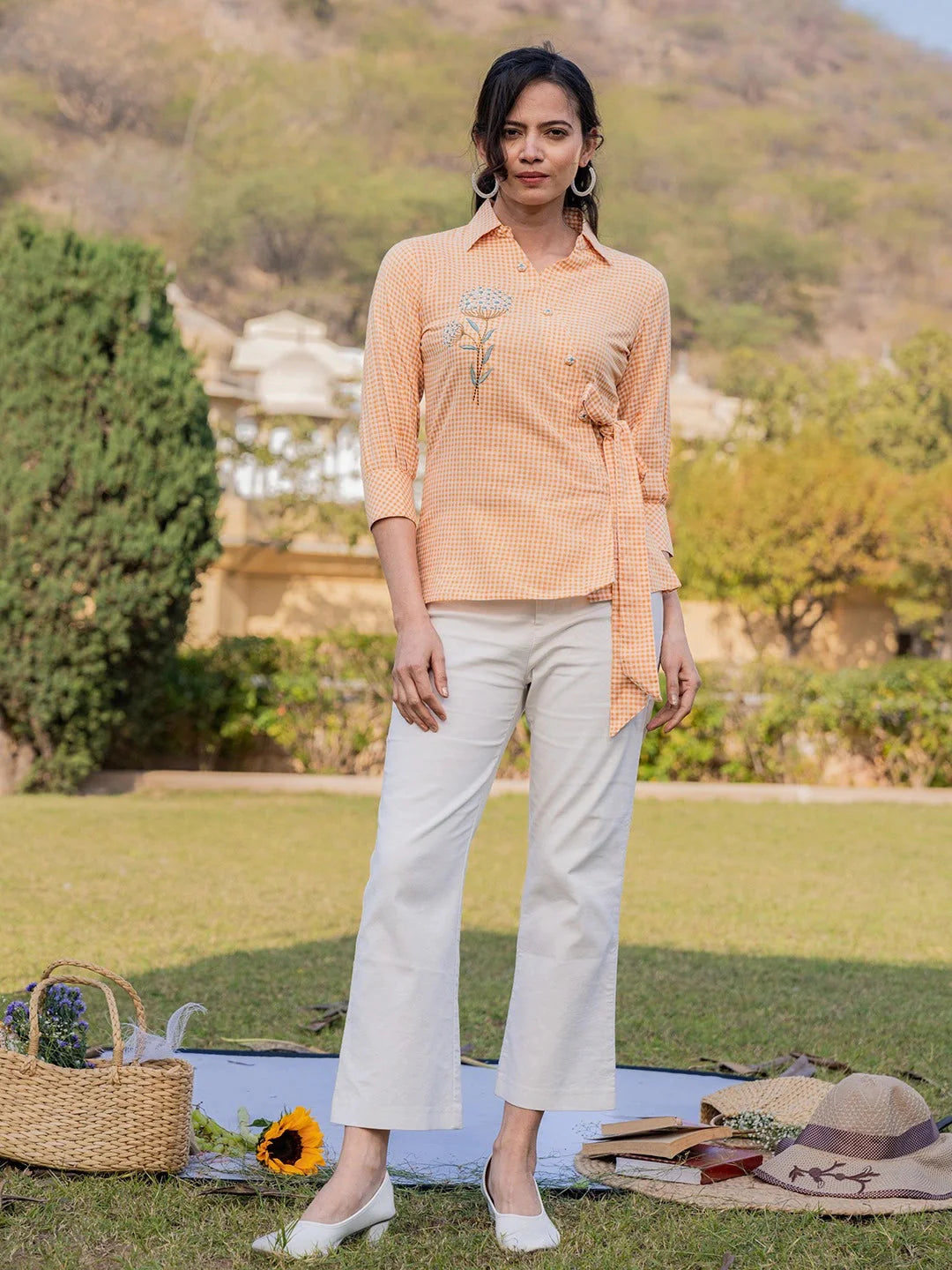 Mustard Cotton Checks Print Top With Embroidery