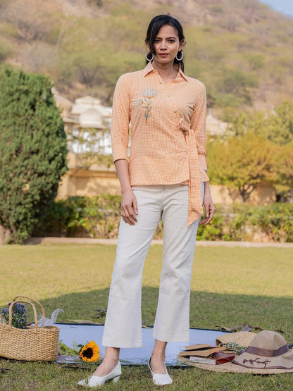 Mustard Cotton Checks Print Top With Embroidery