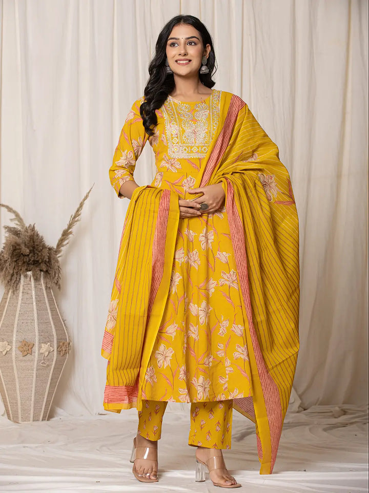 Mustard Cotton Dori Embroidery Anarkali Kurta Dupatta Set