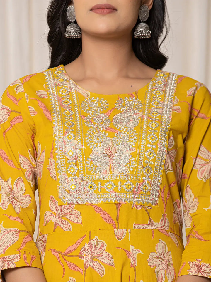 Mustard Cotton Dori Embroidery Anarkali Kurta Dupatta Set