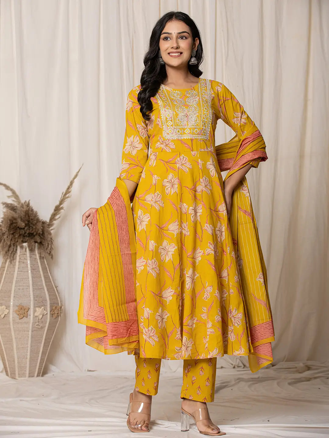 Mustard Cotton Dori Embroidery Anarkali Kurta Dupatta Set