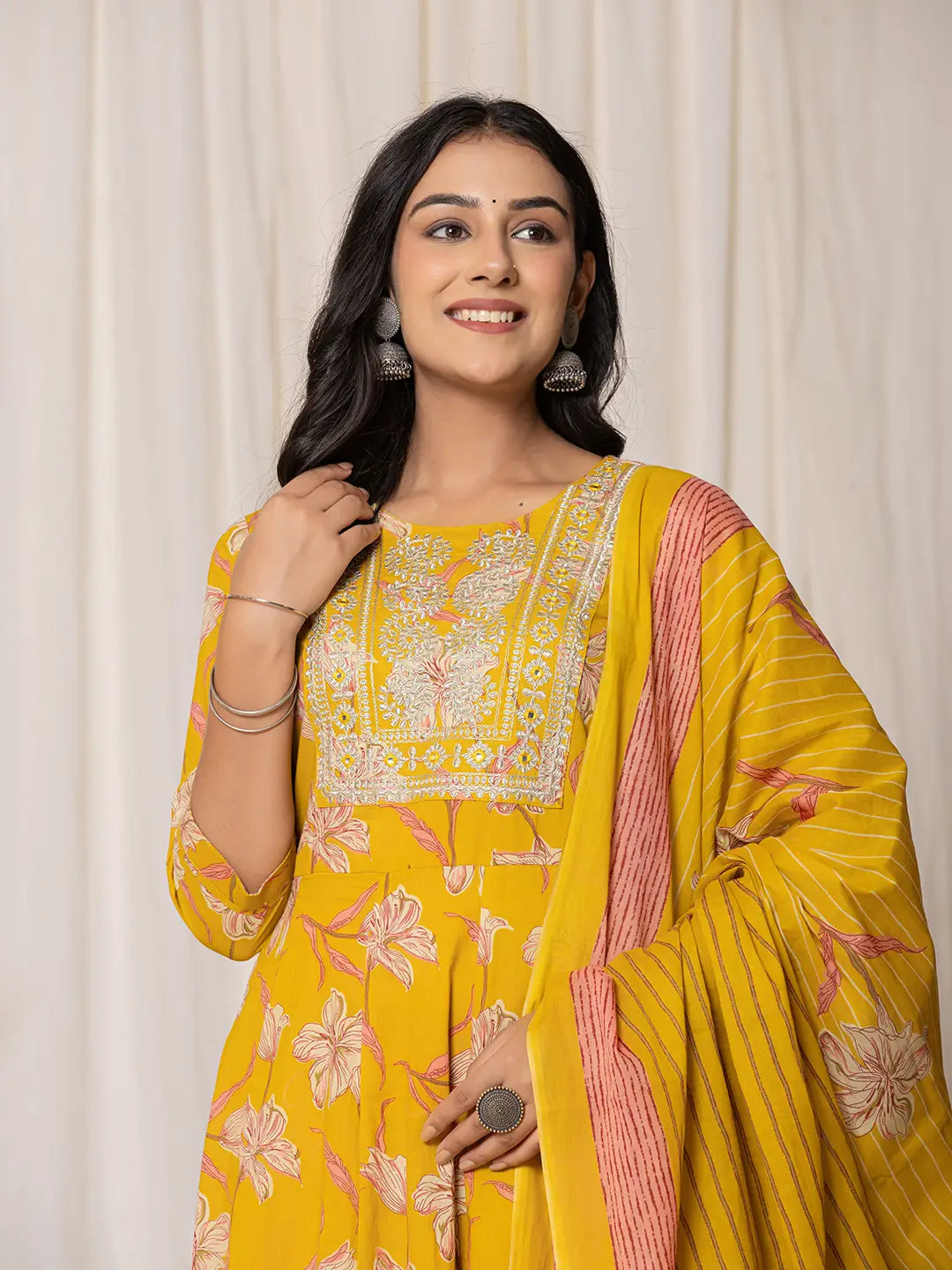 Mustard Cotton Dori Embroidery Anarkali Kurta Dupatta Set