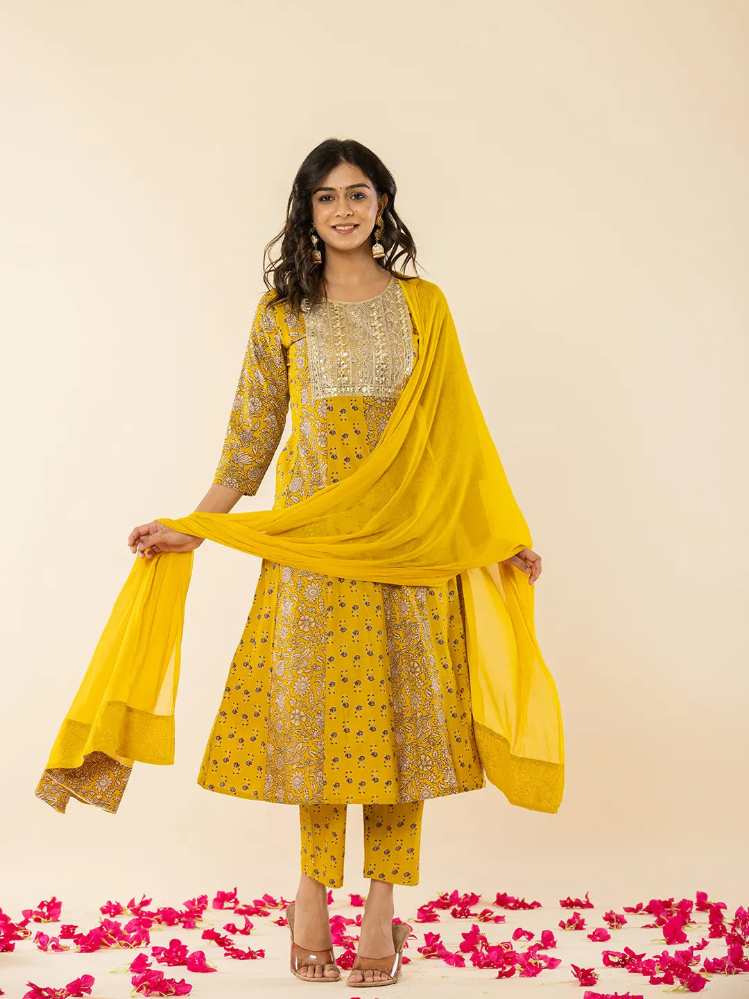 Mustard Cotton Embroidered Anarkali Kurta Dupatta Set