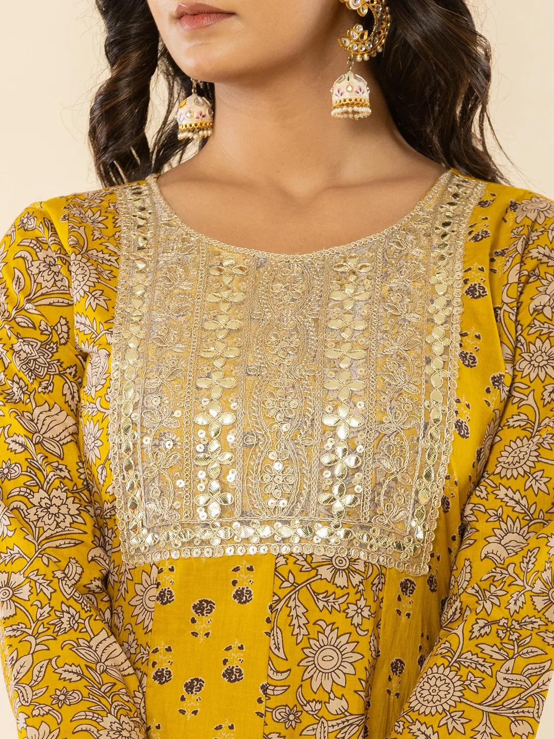 Mustard Cotton Embroidered Anarkali Kurta Dupatta Set