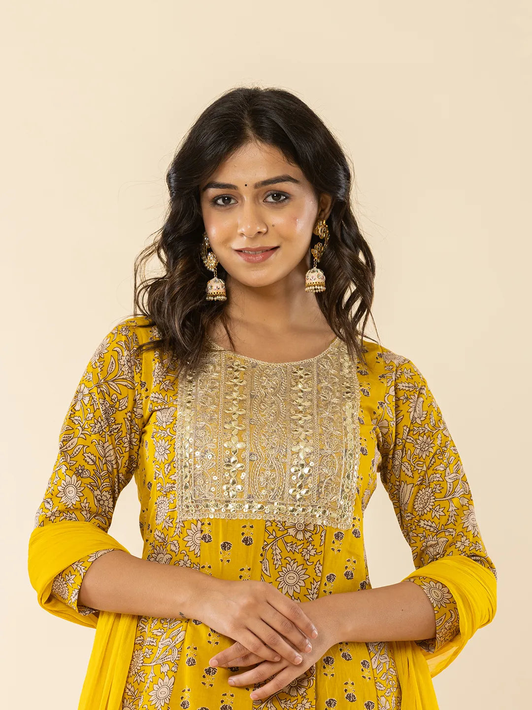 Mustard Cotton Embroidered Anarkali Kurta Dupatta Set