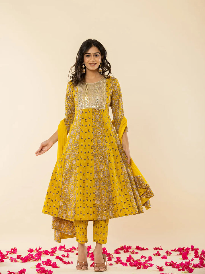 Mustard Cotton Embroidered Anarkali Kurta Dupatta Set