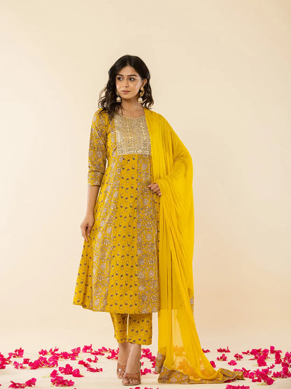 Mustard Cotton Embroidered Anarkali Kurta Dupatta Set