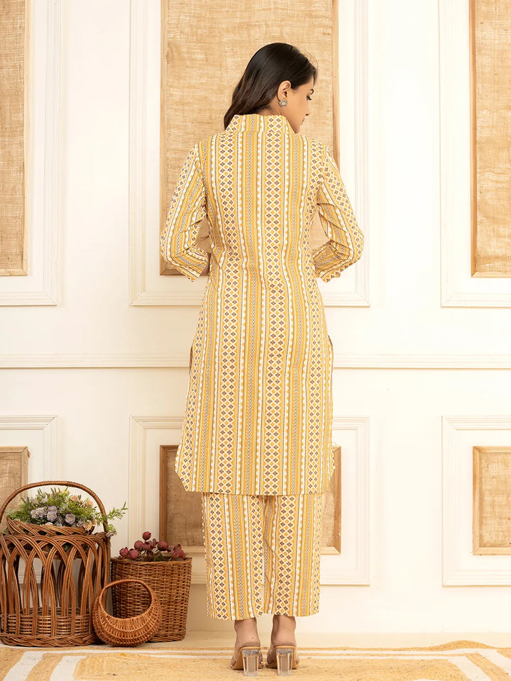 Mustard Cotton Ethnic Motifs Striped Print Co Ord Set