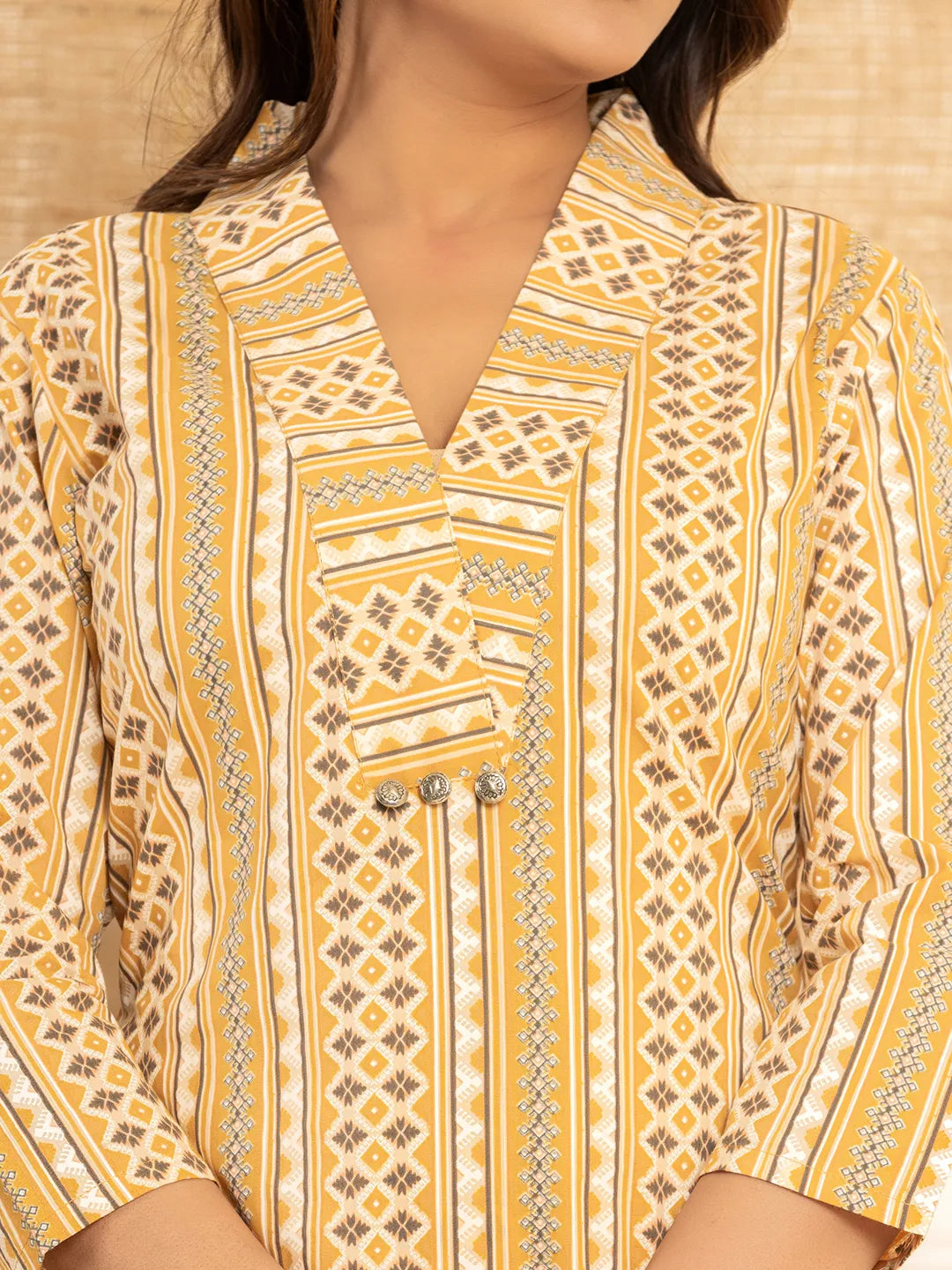 Mustard Cotton Ethnic Motifs Striped Print Co Ord Set