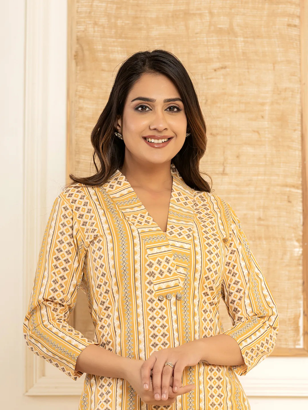 Mustard Cotton Ethnic Motifs Striped Print Co Ord Set