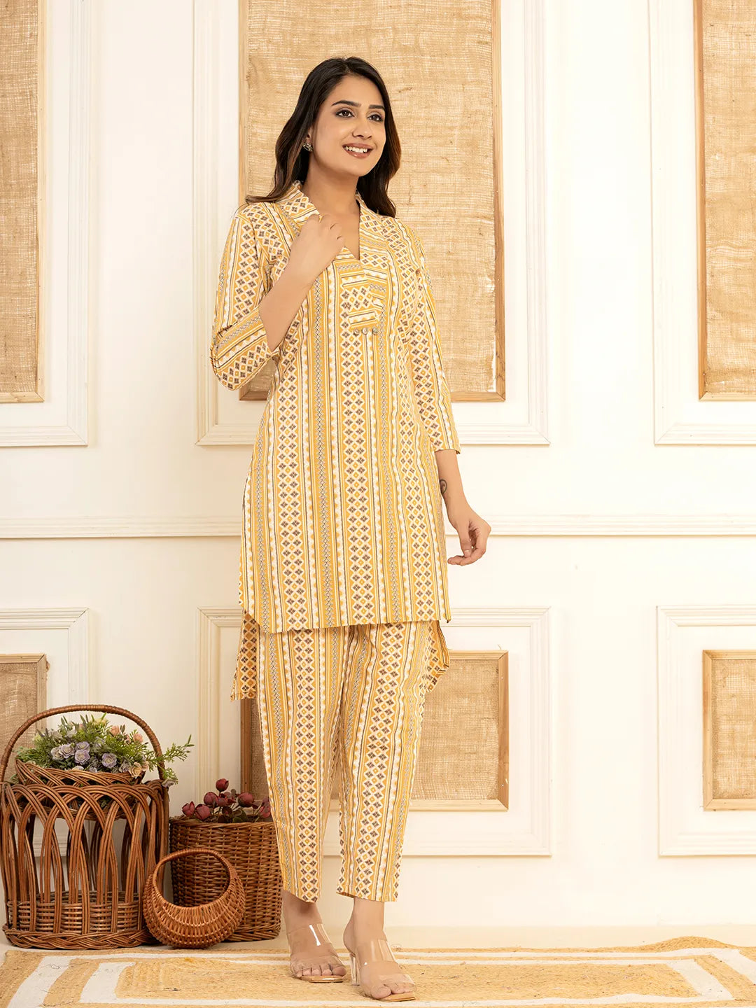 Mustard Cotton Ethnic Motifs Striped Print Co Ord Set