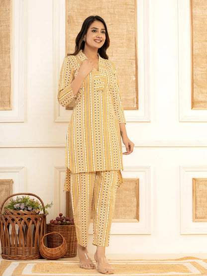 Mustard Cotton Ethnic Motifs Striped Print Co Ord Set