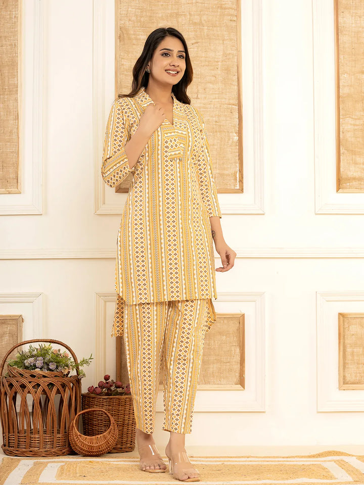 Mustard Cotton Ethnic Motifs Striped Print Co Ord Set