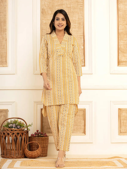 Women's Mustard Cotton Mustard Cotton Ethnic Motifs Striped Print Co Ord Set by Yufta, suitable for wholesale buyers, boutiques, retailers, resellers and bulk fashion orders from Trendphoria