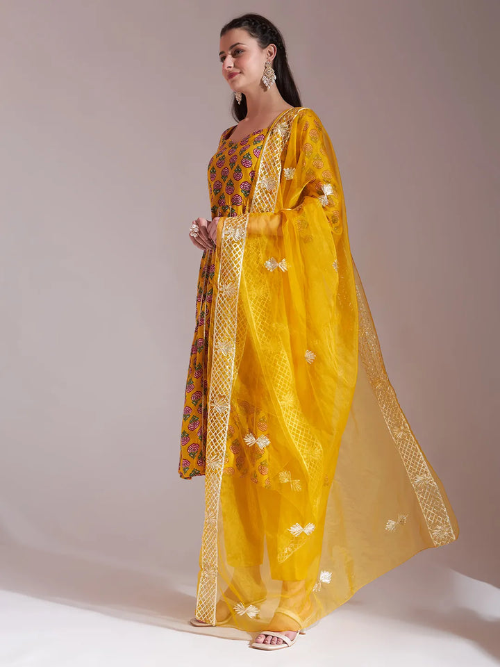 Mustard Cotton Gotta Work Kurta Set With Pant &amp; Dupatta