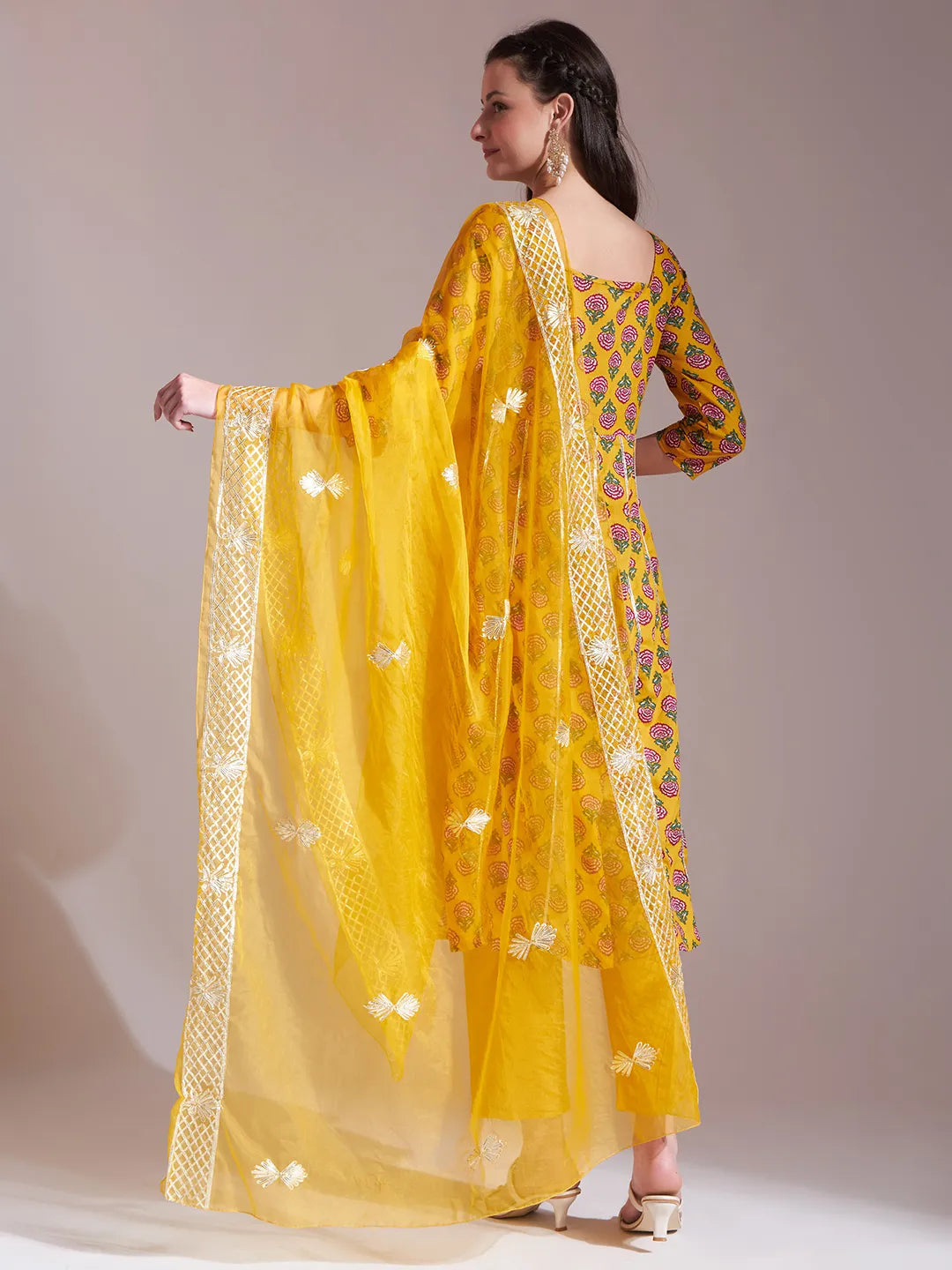 Mustard Cotton Gotta Work Kurta Set With Pant &amp; Dupatta