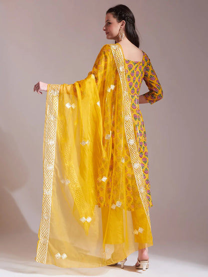 Mustard Cotton Gotta Work Kurta Set With Pant & Dupatta