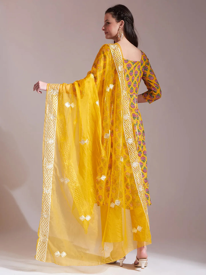 Mustard Cotton Gotta Work Kurta Set With Pant &amp; Dupatta