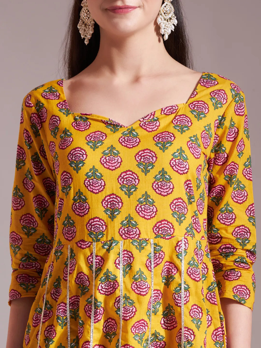 Mustard Cotton Gotta Work Kurta Set With Pant & Dupatta