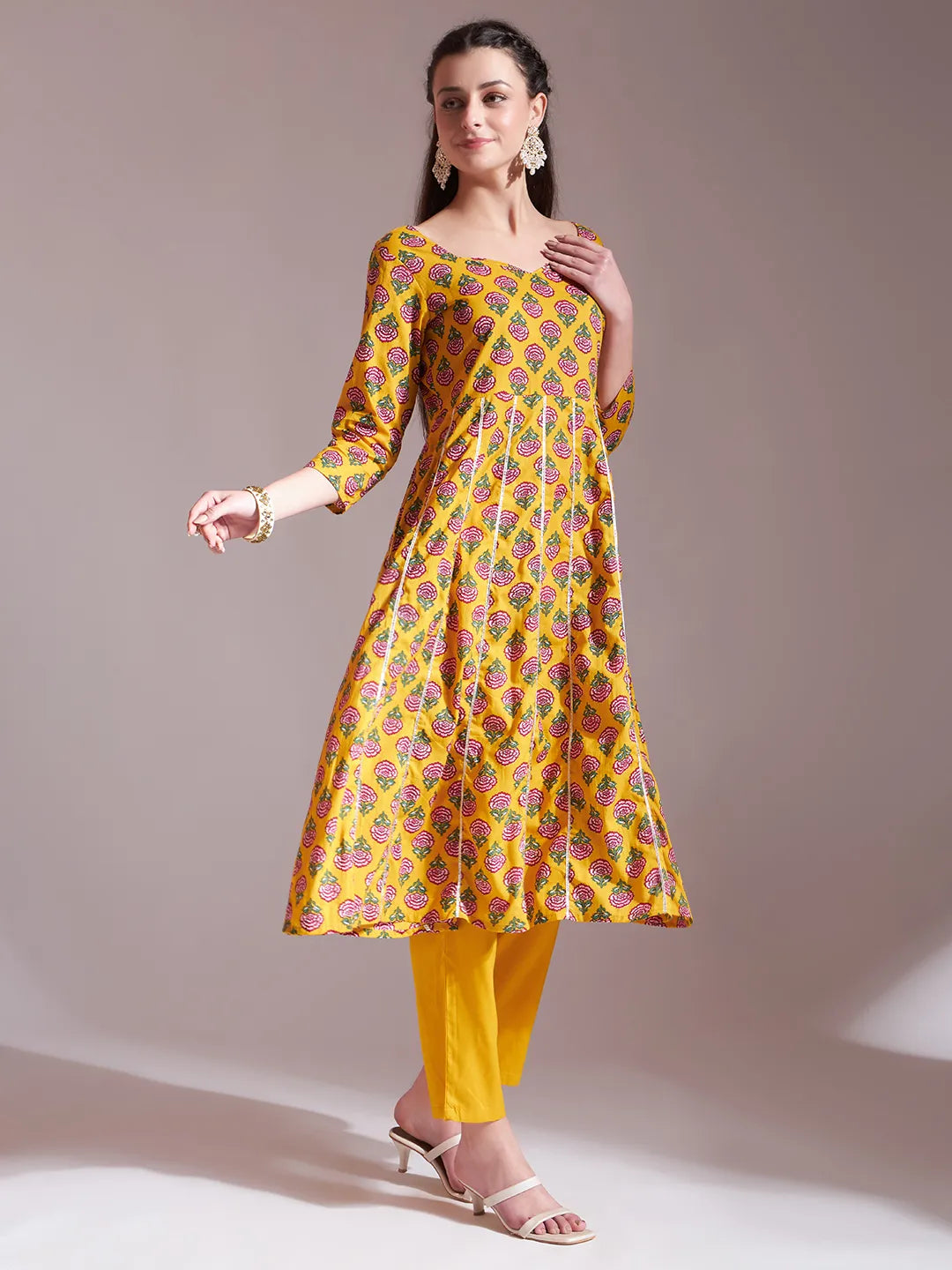 Mustard Cotton Gotta Work Kurta Set With Pant & Dupatta