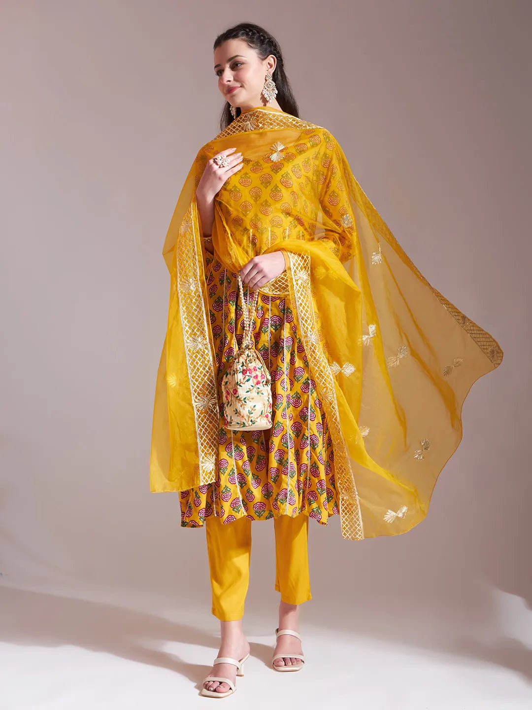 Mustard Cotton Gotta Work Kurta Set With Pant & Dupatta