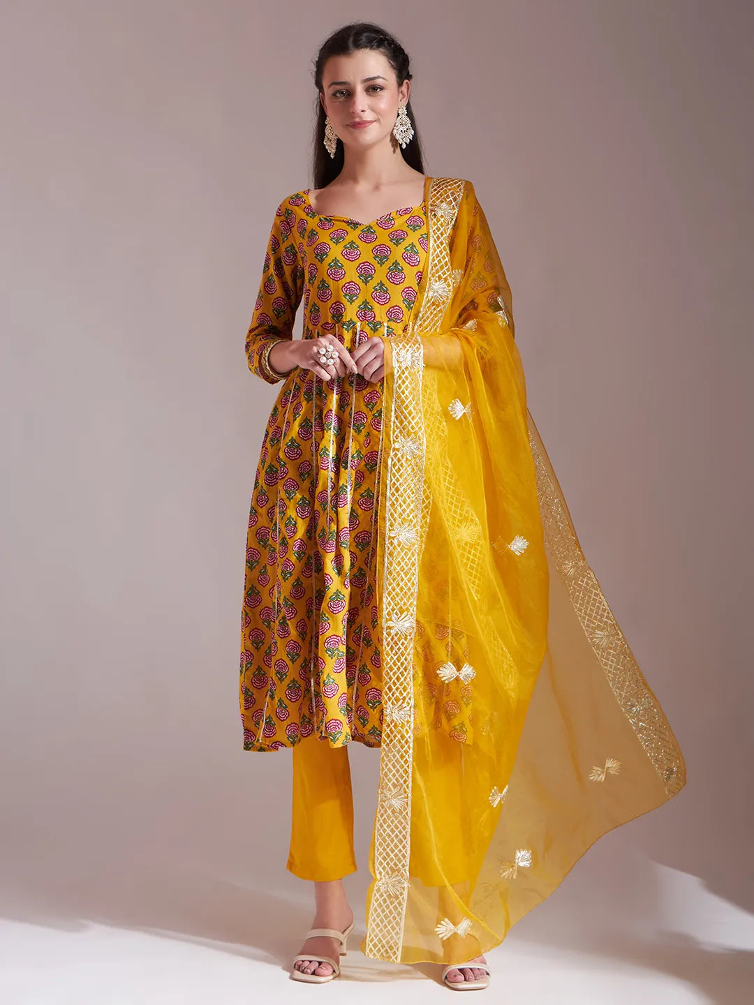 Women's Mustard Cotton Mustard Cotton Gotta Work Kurta Set With Pant & Dupatta by Yufta, suitable for wholesale buyers, boutiques, retailers, resellers and bulk fashion orders from Trendphoria