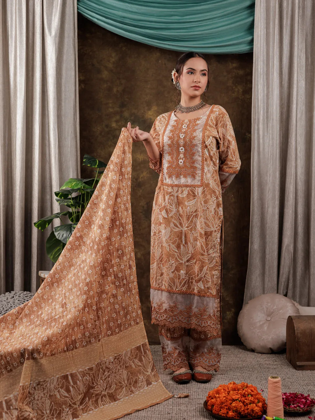 Mustard Cotton Kurta Dupatta Set With Lace Detailing