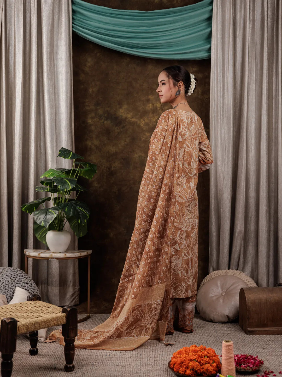 Mustard Cotton Kurta Dupatta Set With Lace Detailing