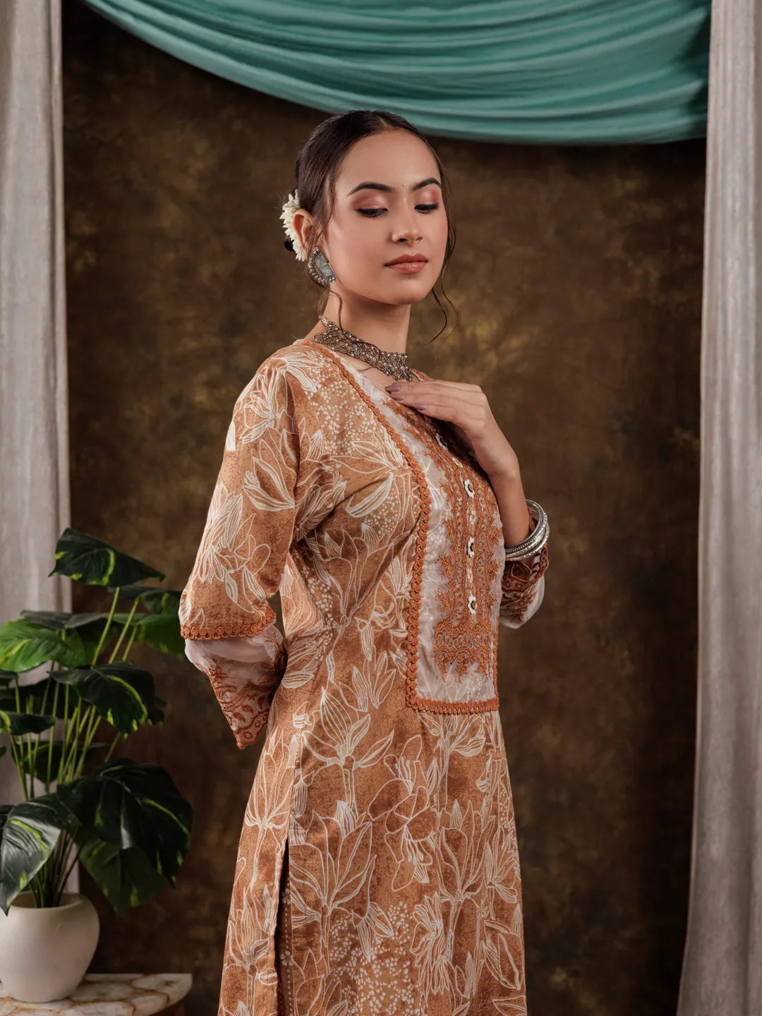 Mustard Cotton Kurta Dupatta Set With Lace Detailing