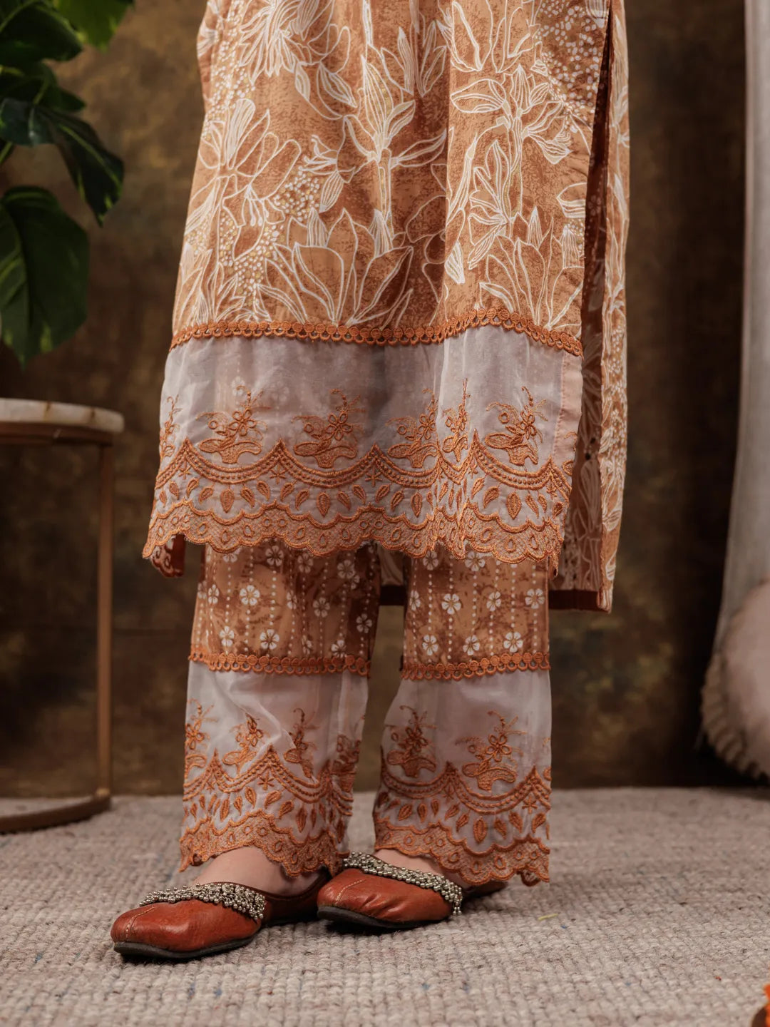 Mustard Cotton Kurta Dupatta Set With Lace Detailing