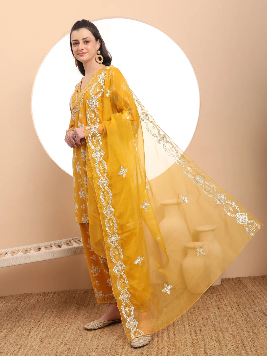 Mustard Cotton Lace Work Kurta Set With Pant & Dupatta