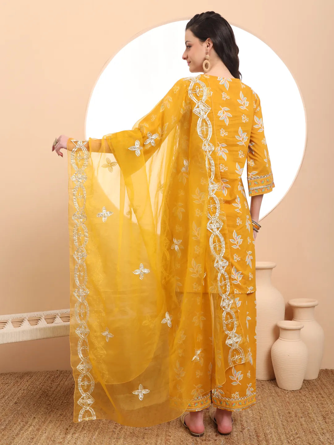 Mustard Cotton Lace Work Kurta Set With Pant &amp; Dupatta