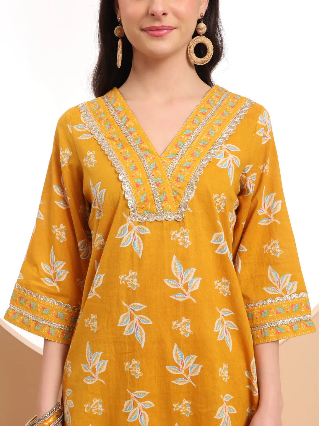 Mustard Cotton Lace Work Kurta Set With Pant &amp; Dupatta