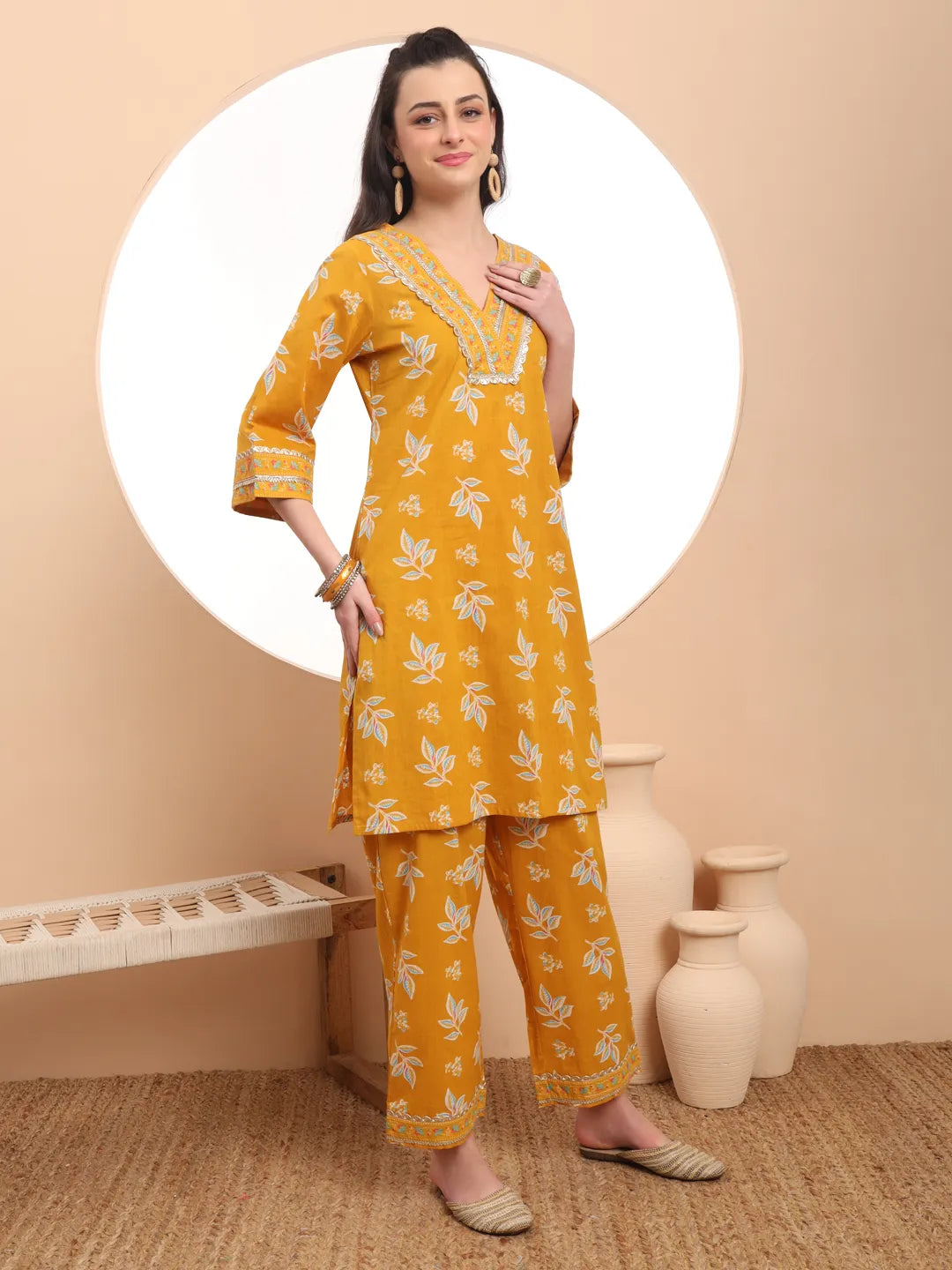 Mustard Cotton Lace Work Kurta Set With Pant &amp; Dupatta