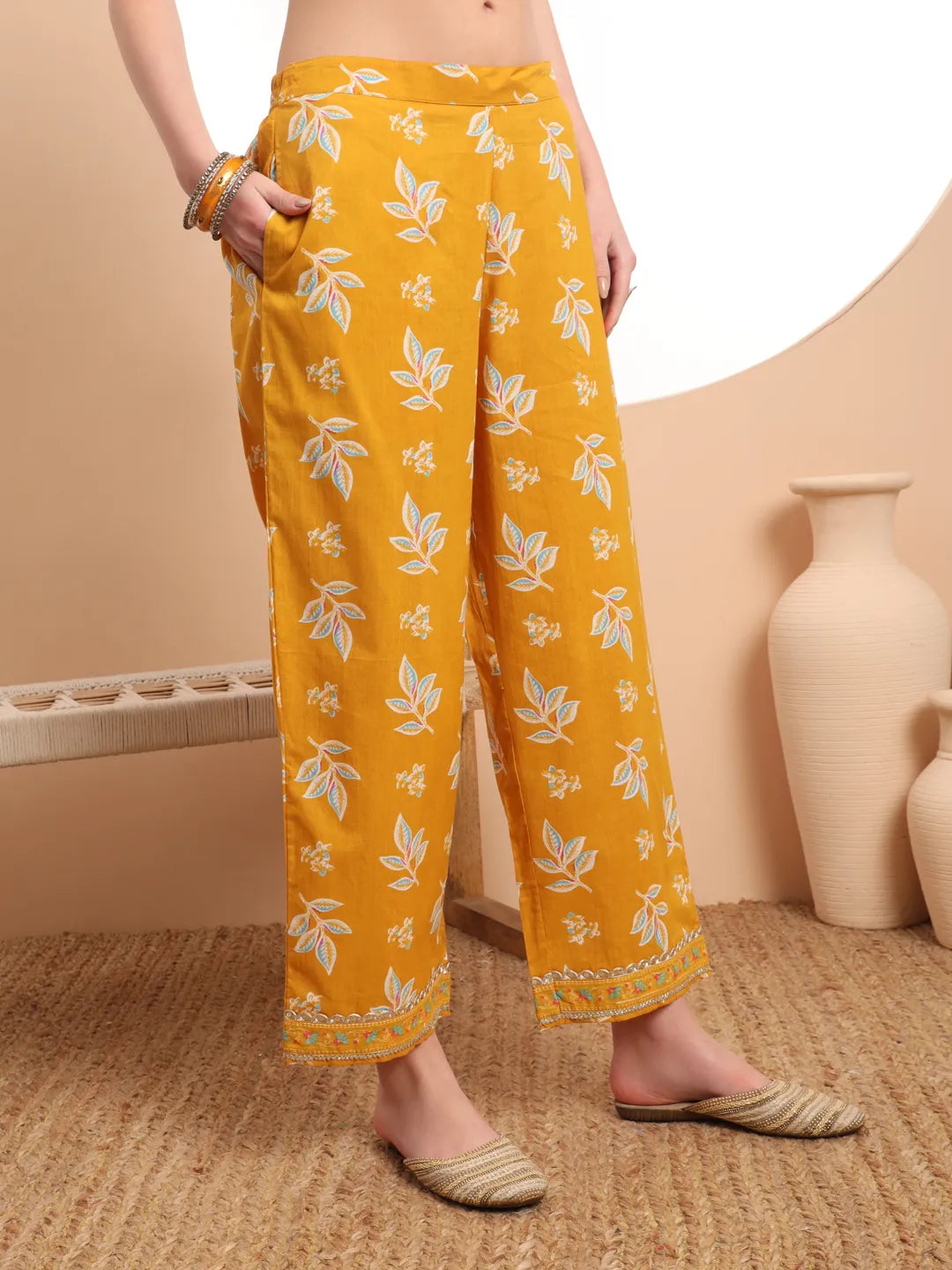 Mustard Cotton Lace Work Kurta Set With Pant & Dupatta