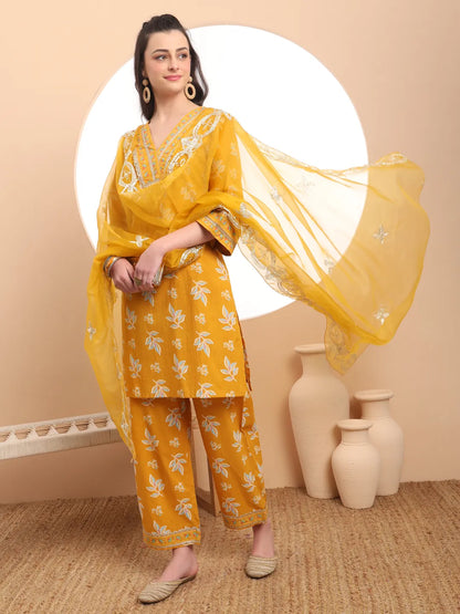 Mustard Cotton Lace Work Kurta Set With Pant & Dupatta