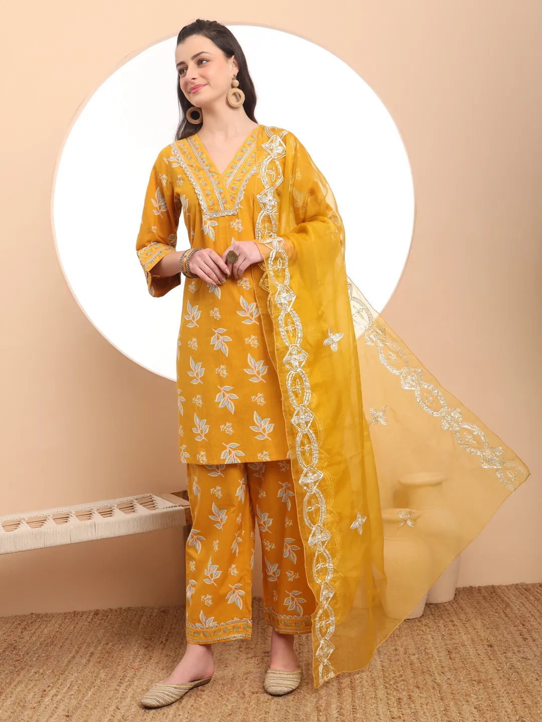 Mustard Cotton Lace Work Kurta Set With Pant & Dupatta