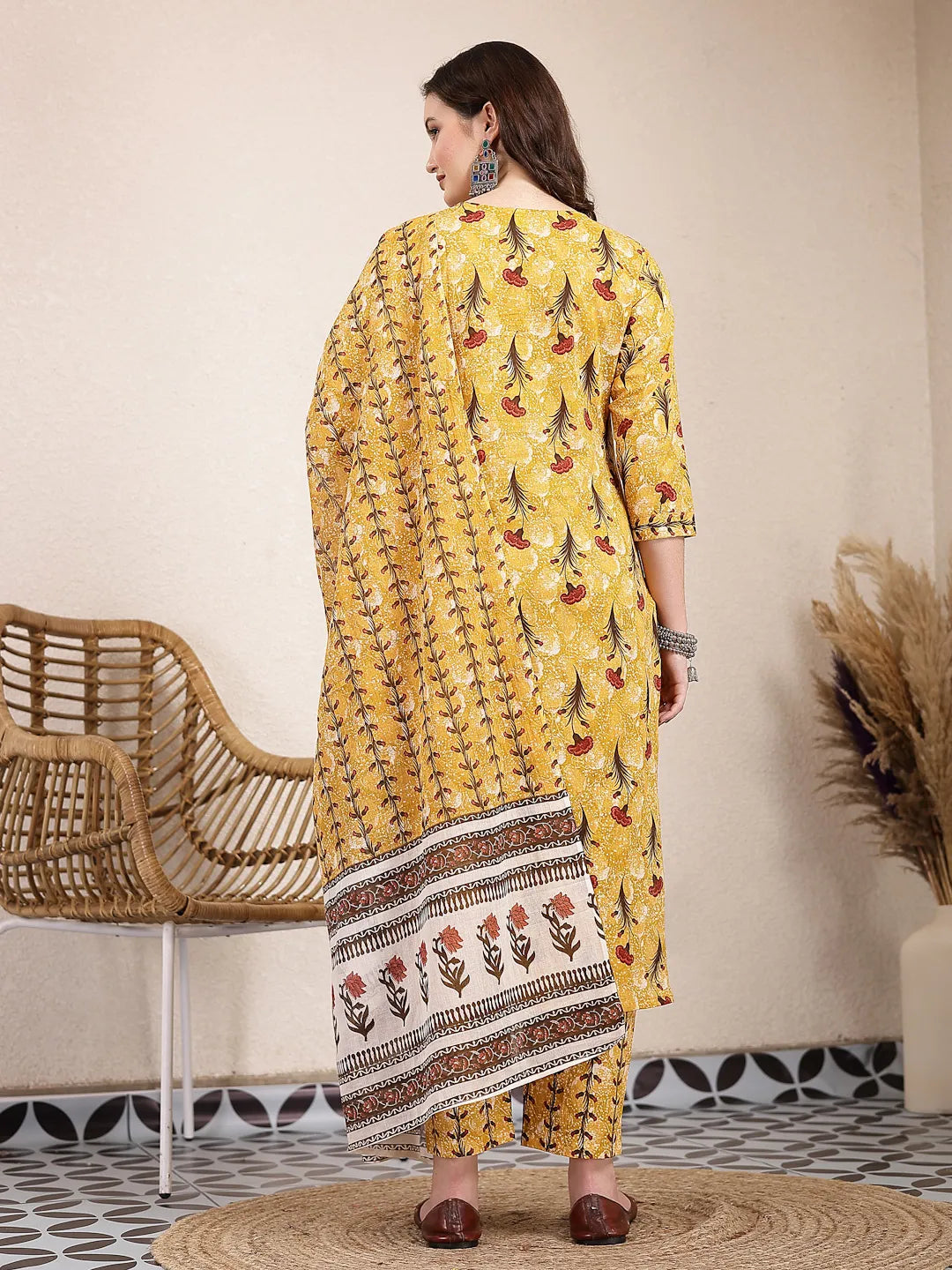Mustard Cotton Lace Work On Yoke Straight Kurta Dupatta Pant Set