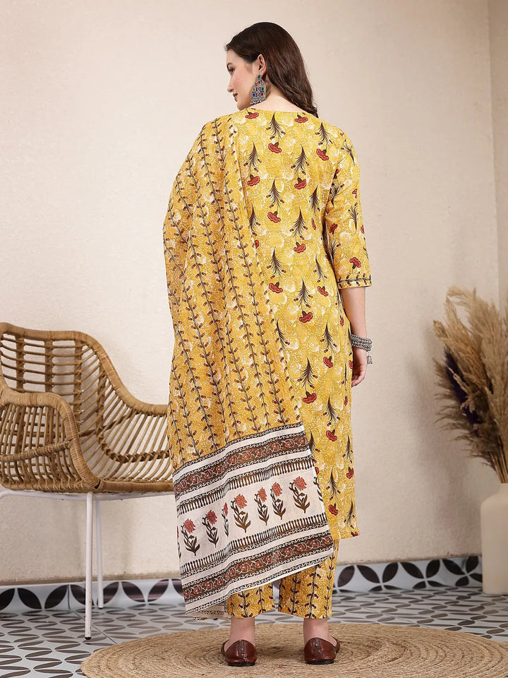 Mustard Cotton Lace Work On Yoke Straight Kurta Dupatta Pant Set