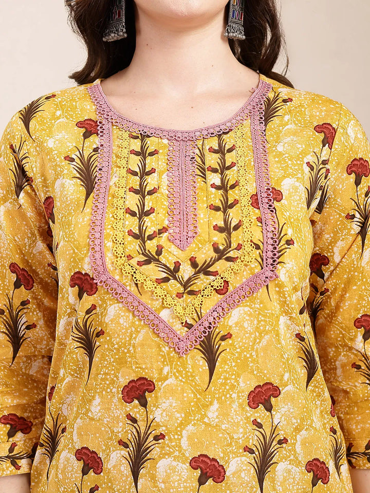Mustard Cotton Lace Work On Yoke Straight Kurta Dupatta Pant Set