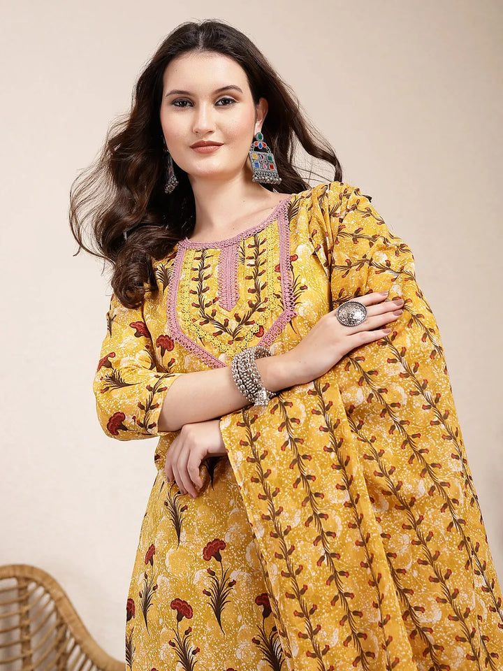 Mustard Cotton Lace Work On Yoke Straight Kurta Dupatta Pant Set
