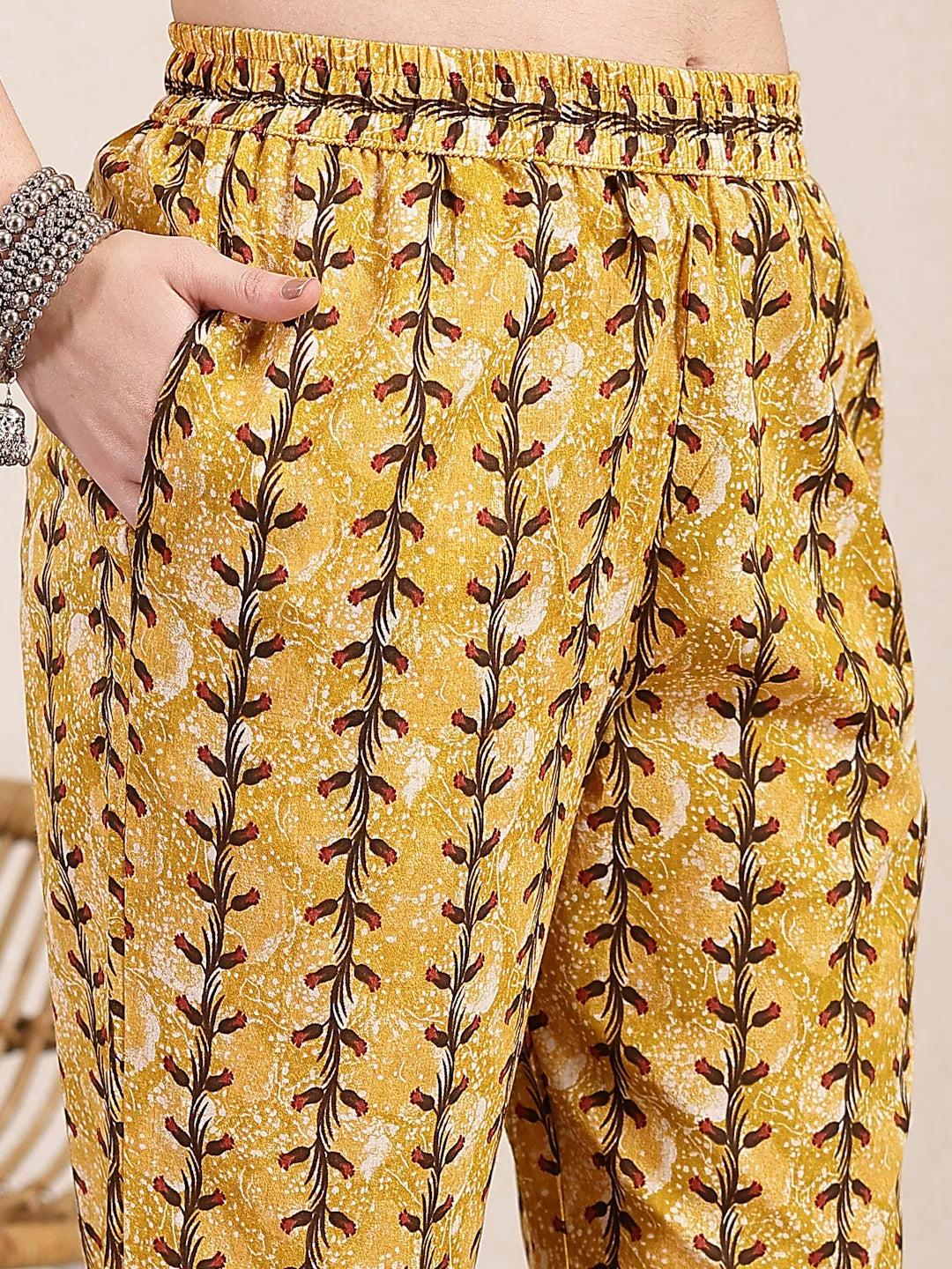 Mustard Cotton Lace Work On Yoke Straight Kurta Dupatta Pant Set