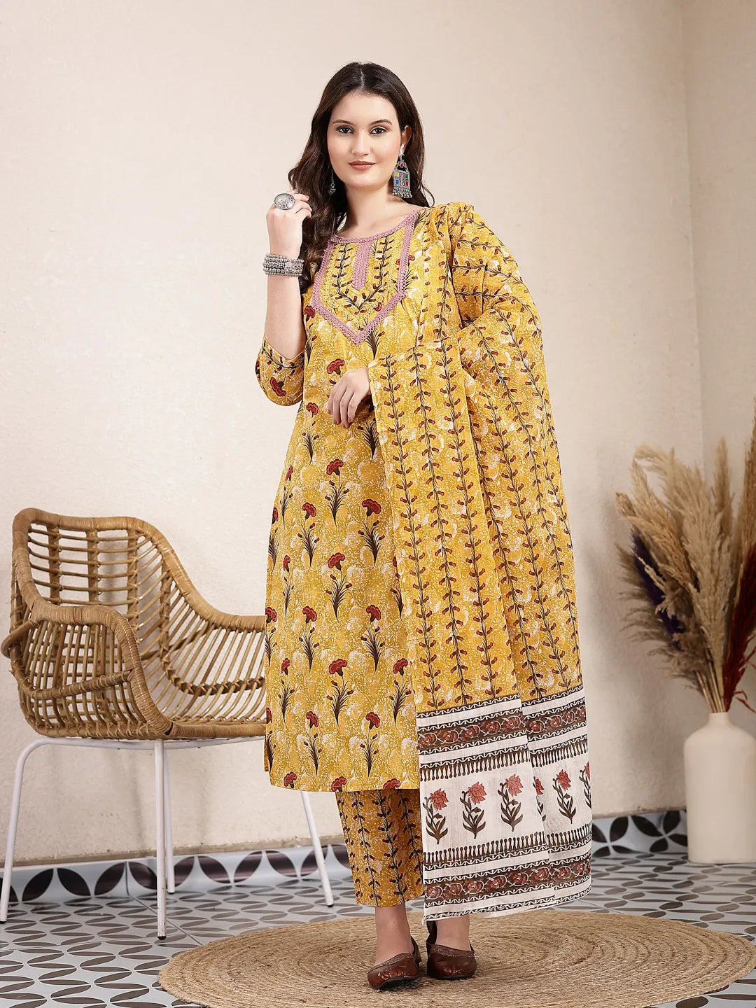 Mustard Cotton Lace Work On Yoke Straight Kurta Dupatta Pant Set