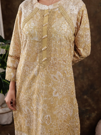 Mustard Cotton Schiffli Kurta Dupatta Set With Lace Detailing