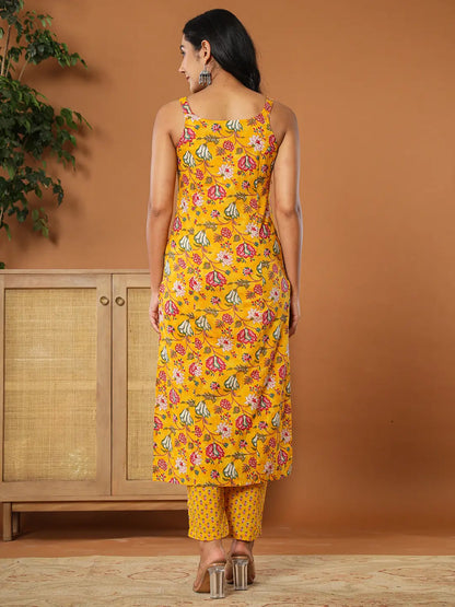 Mustard Cotton Sleeveless Kurta Dupatta Set