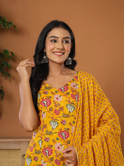 Mustard Cotton Sleeveless Kurta Dupatta Set