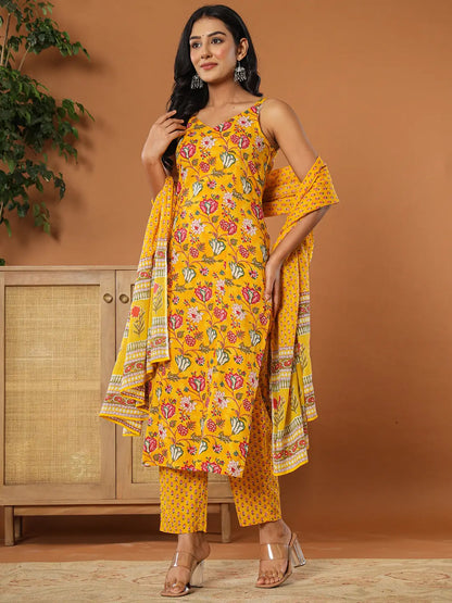 Mustard Cotton Sleeveless Kurta Dupatta Set