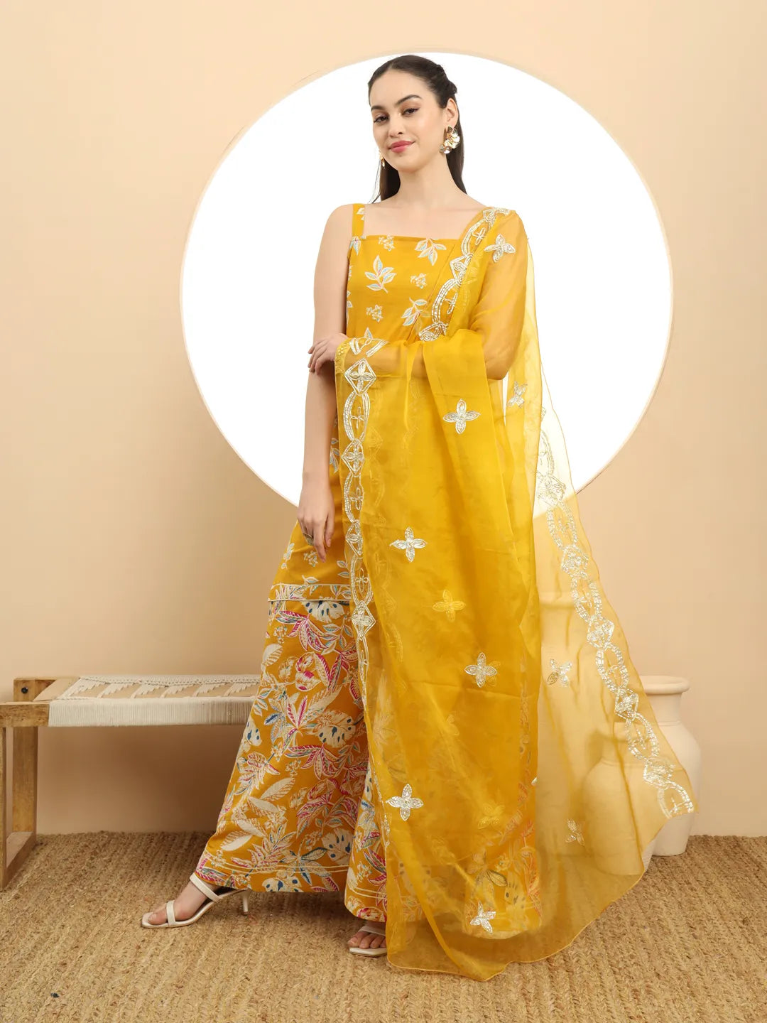 Mustard Cotton Sleeveless Kurta Palazzo Dupatta Set