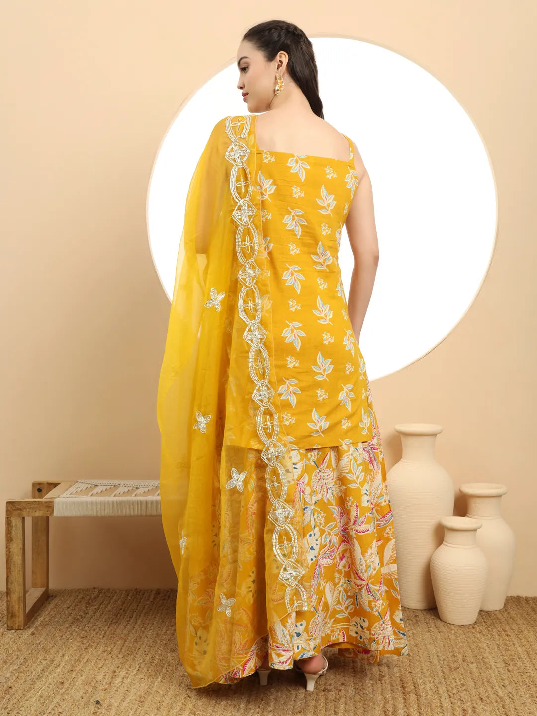 Mustard Cotton Sleeveless Kurta Palazzo Dupatta Set